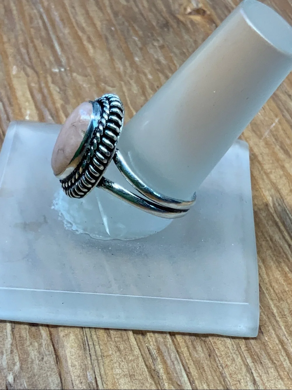Pink Opal Gemstone Oval Cabochon 925 Twisted Rope Edge Ring - 9